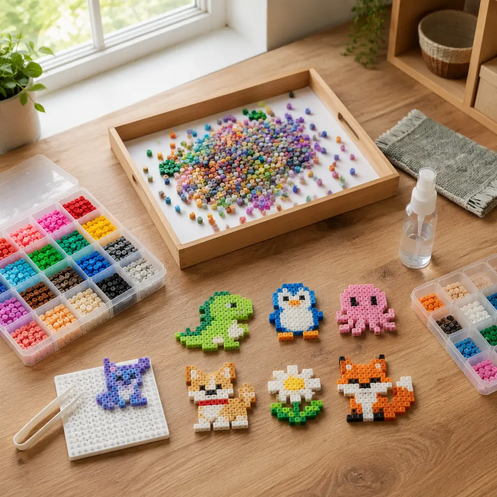 Colorful cube bead craft pieces and completed pixel-style figures on a wooden craft table