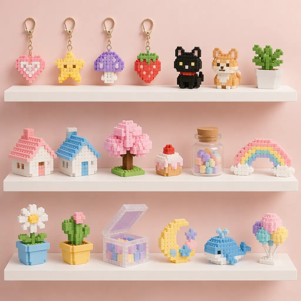Finished pixel-style cube crafts displayed as decorative items on shelves