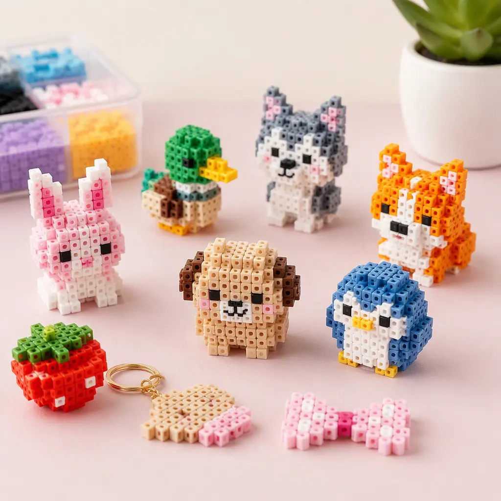 Tiny colorful cube bead crafts arranged on a pastel tabletop in a studio setting