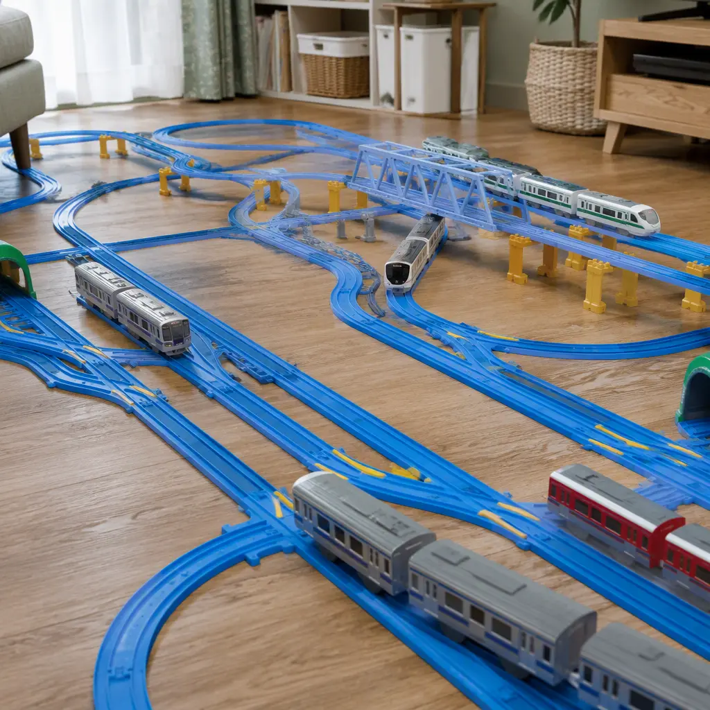 Large toy train layout with blue tracks and elevated sections spread across a floor
