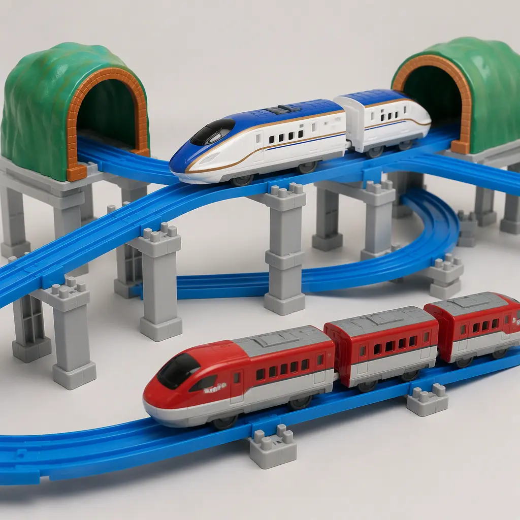 Toy trains crossing elevated blue tracks supported by gray pillars
