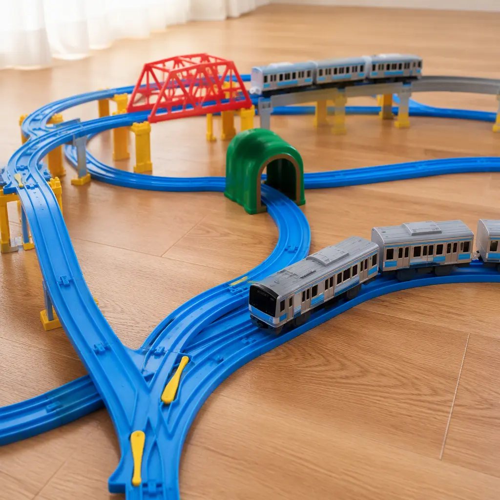 Battery-powered toy trains running on blue plastic tracks in a detailed layout