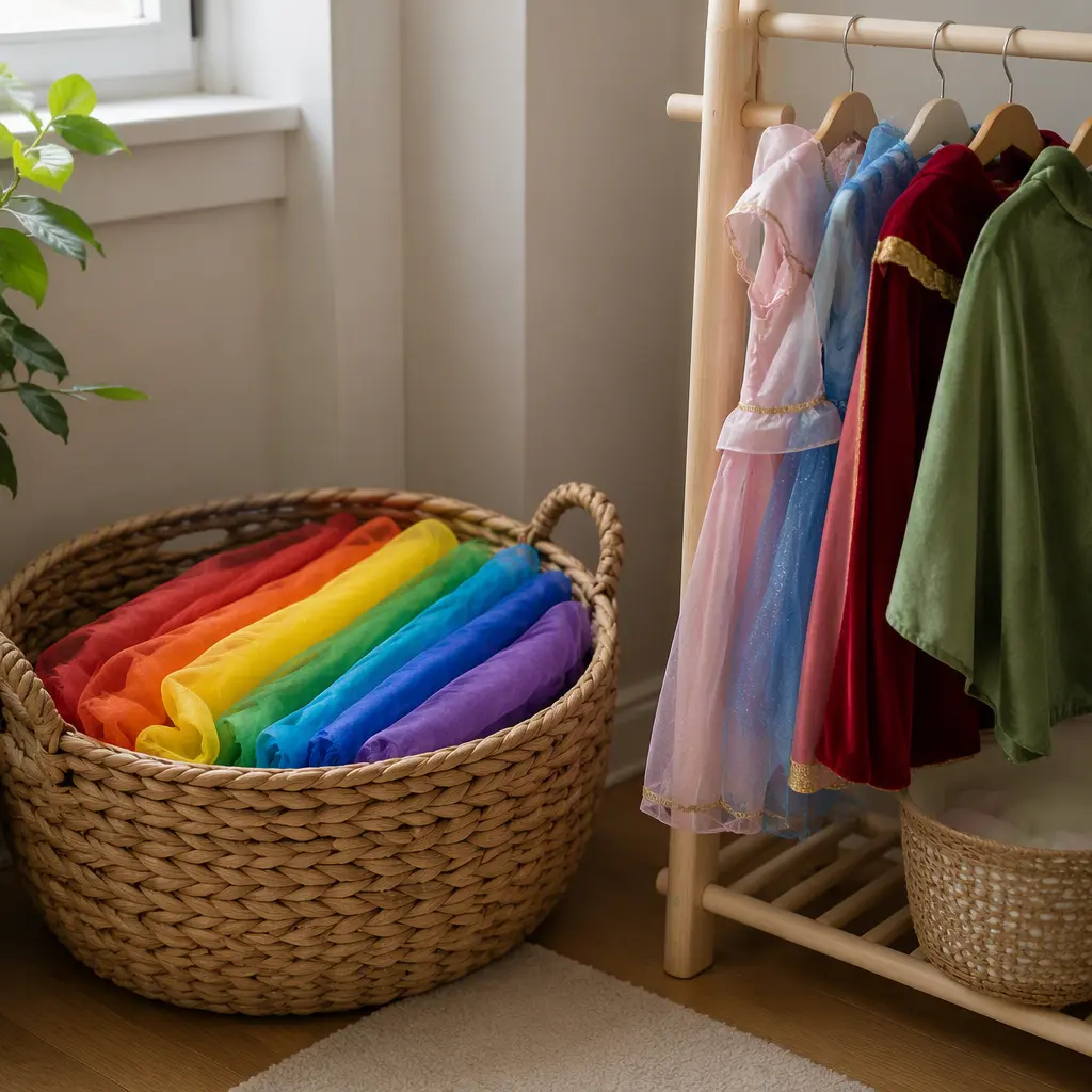 Compact storage for play silks and children's costumes in a small home
