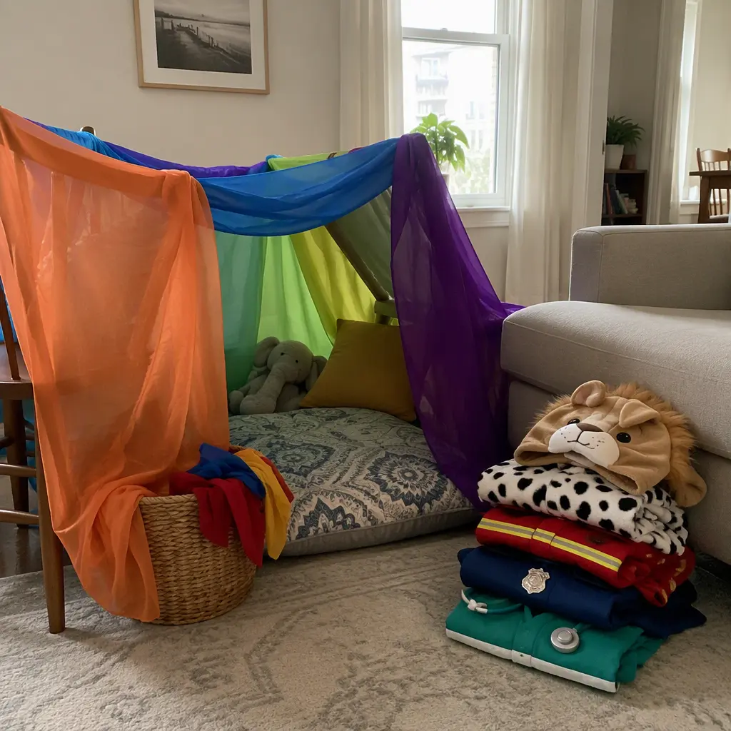Pretend play setup with play silks and costumes in a compact home