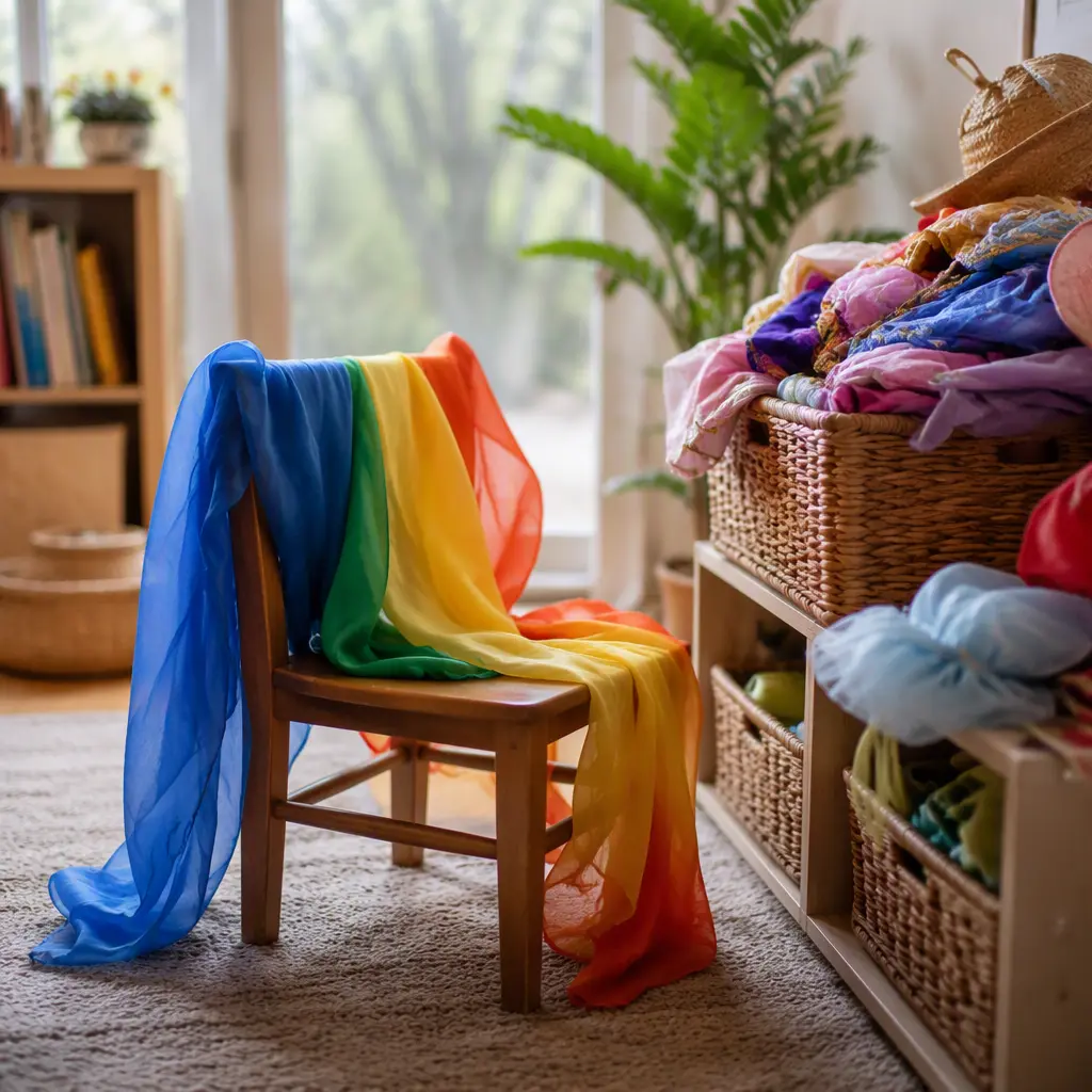 Play silks and children's dress-up costumes stored in a small play area