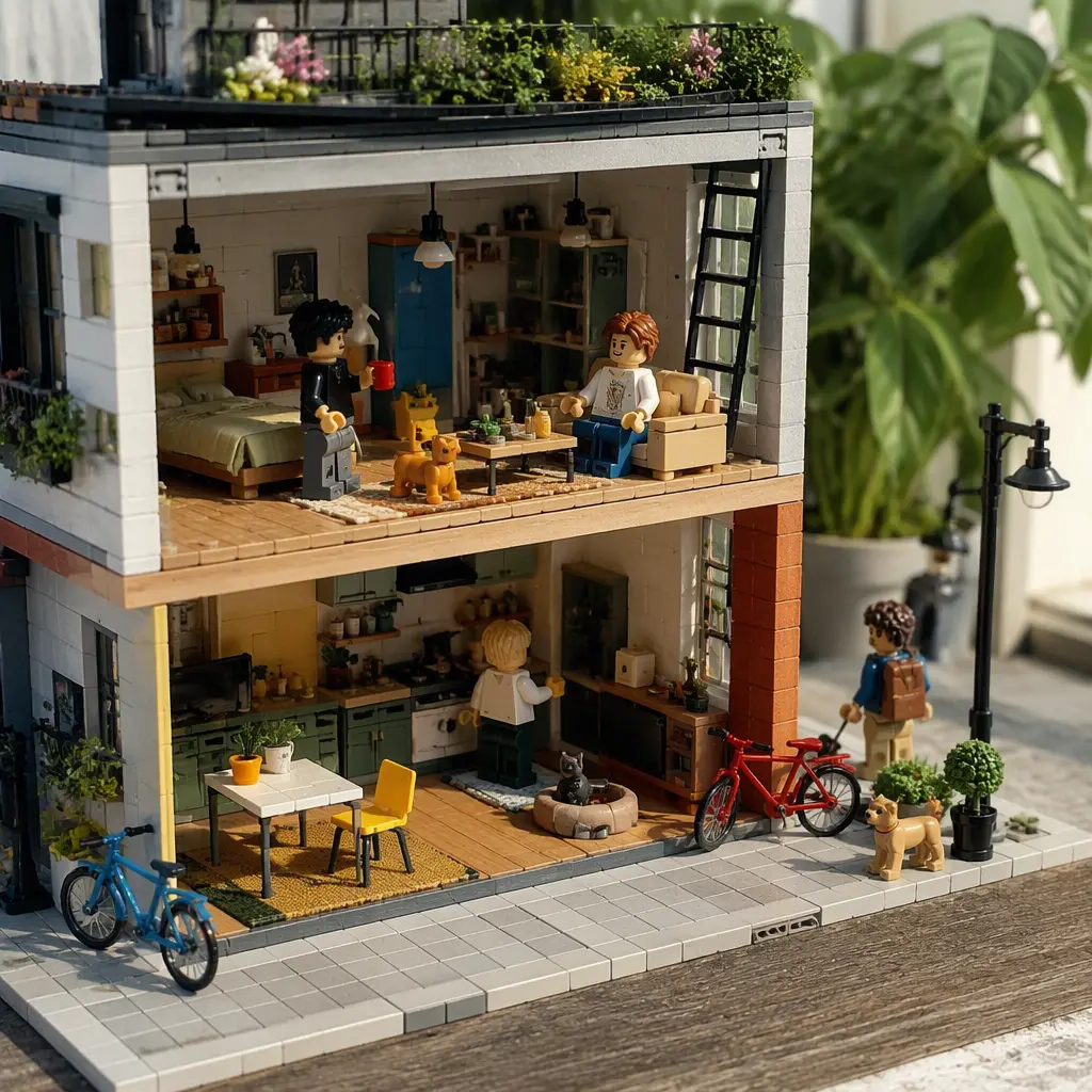 Miniature city apartment and street pretend-play setup with toy figures and accessories
