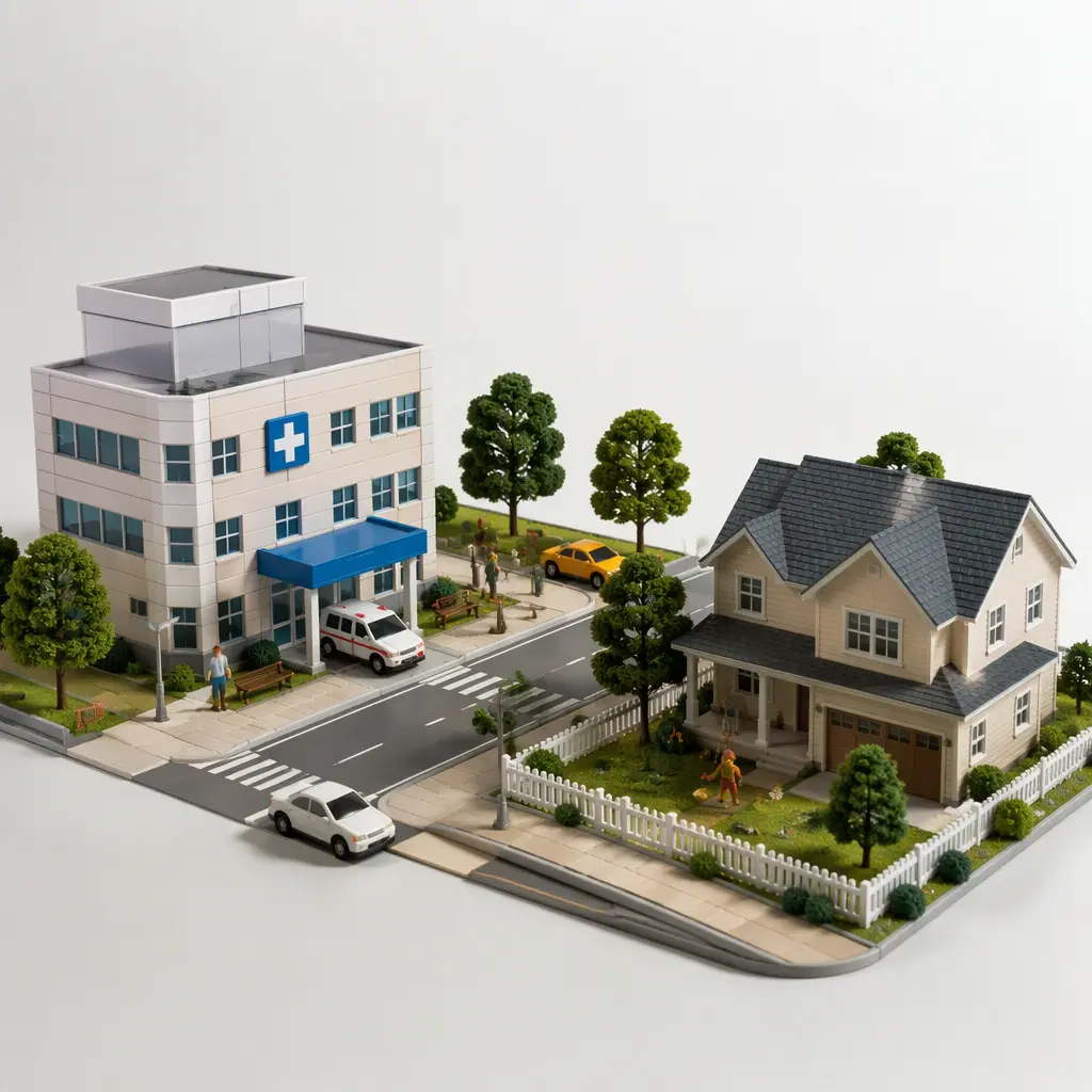 Miniature toy hospital and family home connected by a small city street scene