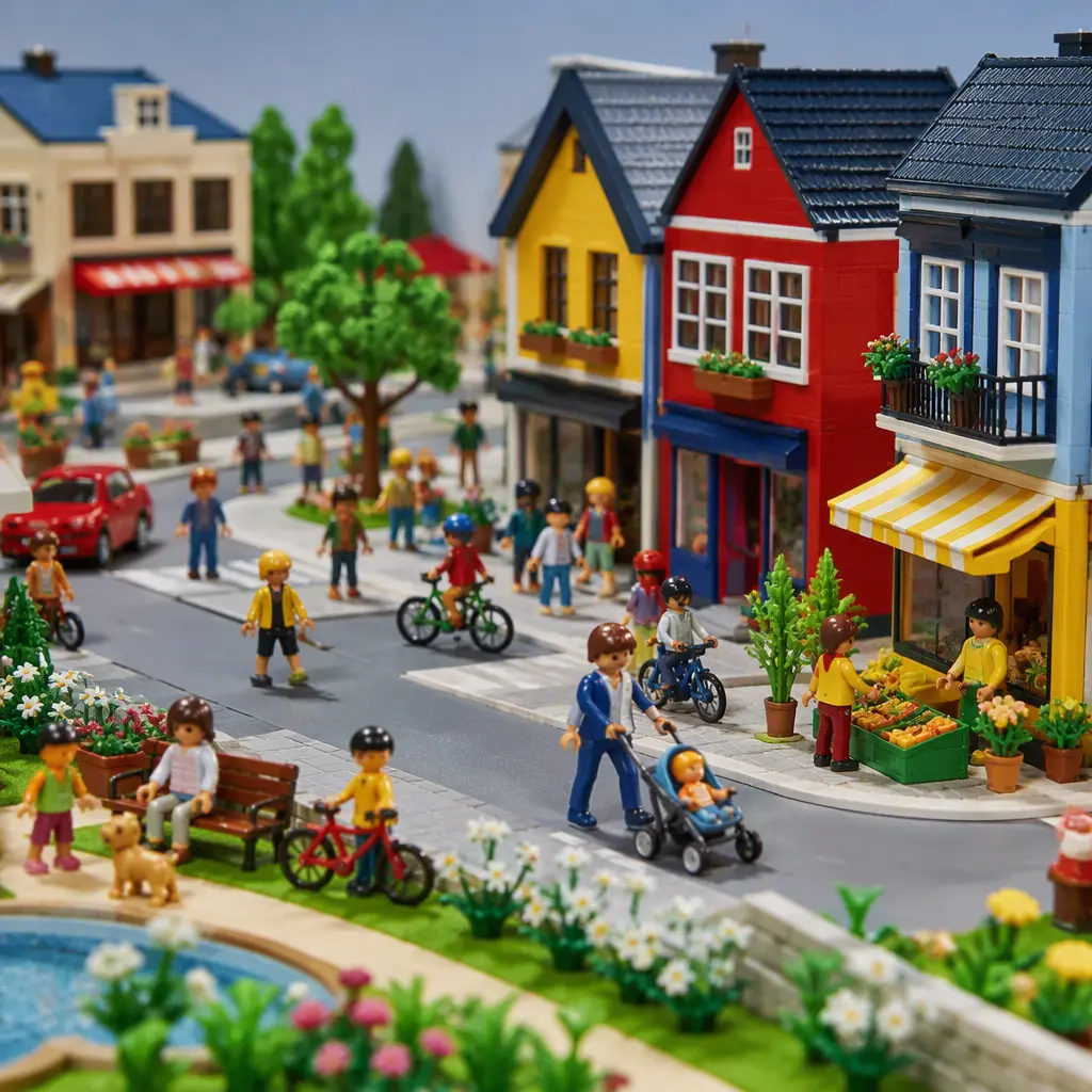 Miniature city-themed roleplay toy figures and buildings arranged in a neighborhood scene