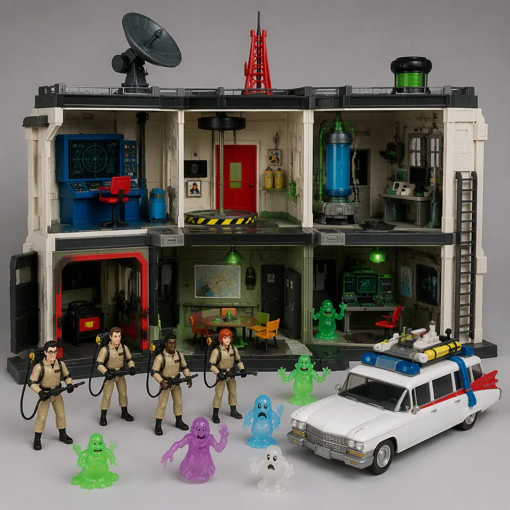 Toy ghost-catching headquarters with modular rooms and translucent ghost accessories