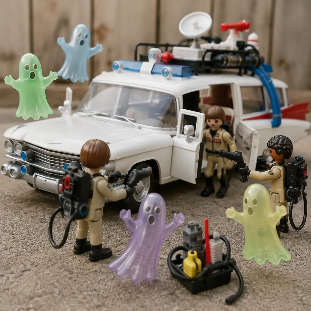 Retro-inspired ghost-catching toy vehicle surrounded by translucent ghost figures
