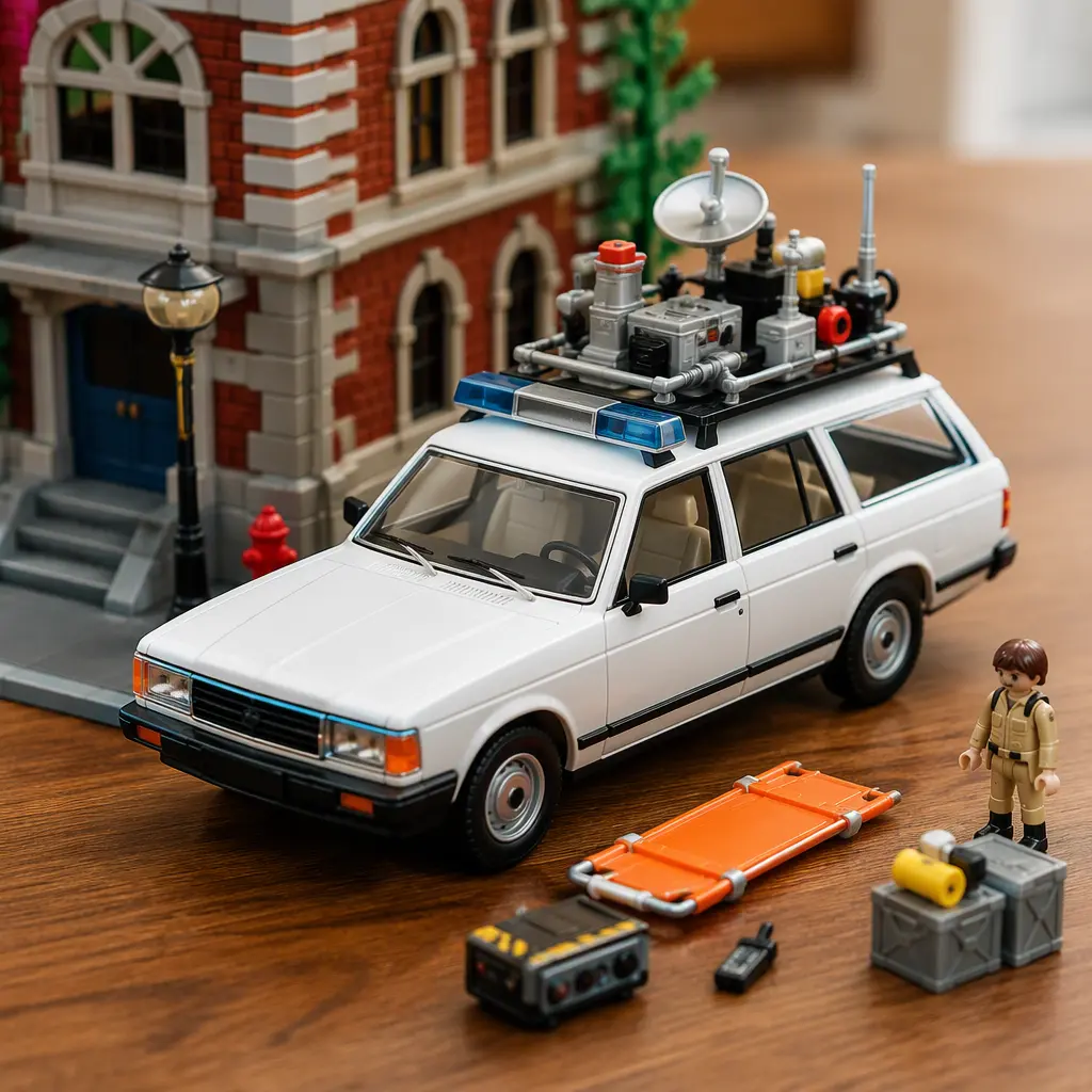 Retro-inspired toy rescue wagon with removable equipment beside toy city scenery