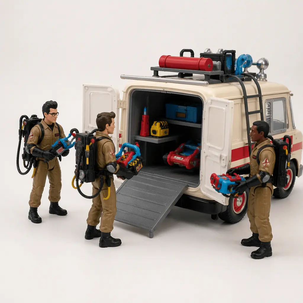 Toy figures placing ghost-hunting accessories into a retro-style play vehicle