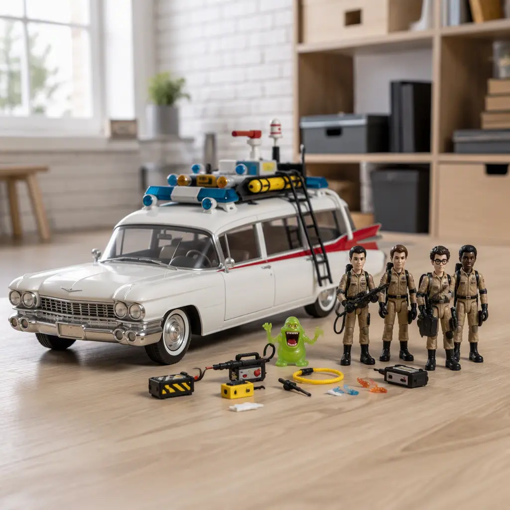 Retro-style ghost-hunting toy vehicle with small articulated figures and accessories in a bright studio setting