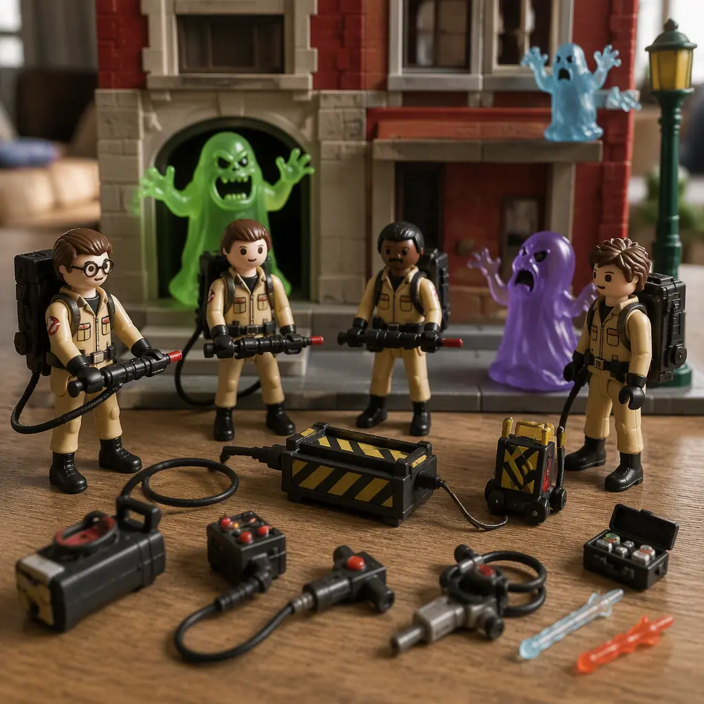 Modular ghost-hunting toy figures and translucent ghost accessories arranged in a city play scene