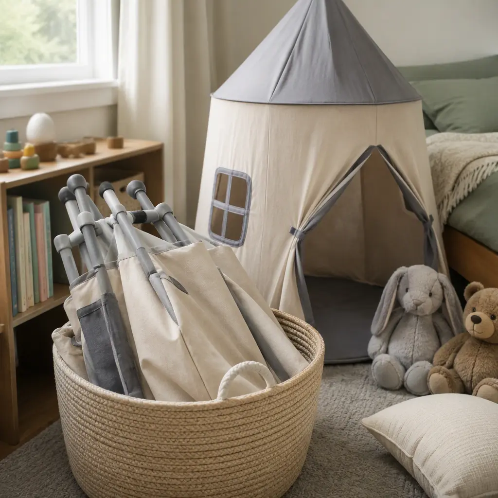 Foldable play tent stored neatly in a shared children's bedroom