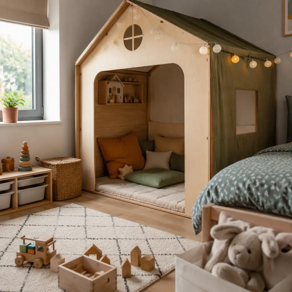 Indoor playhouse positioned in the corner of a shared children's bedroom
