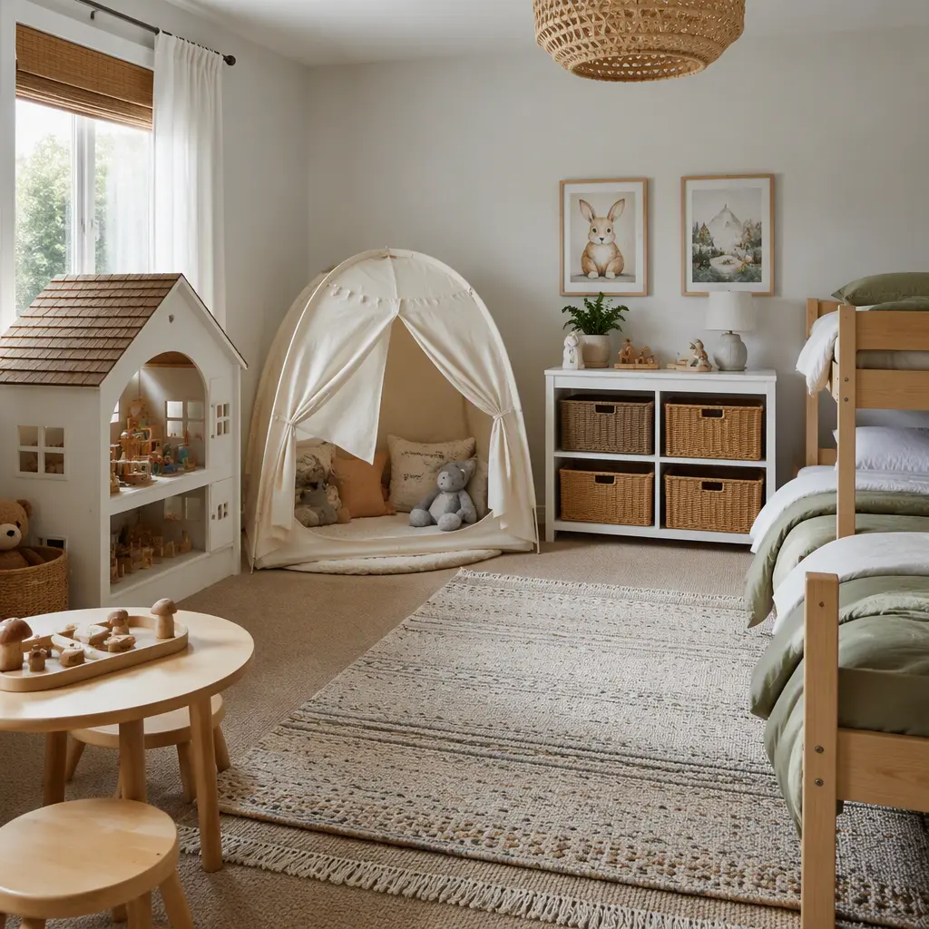 Shared children's bedroom with a pop-up play tent and indoor playhouse in soft natural light
