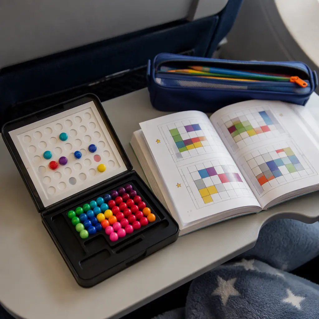 Travel tray with a portable logic puzzle and puzzle activity book