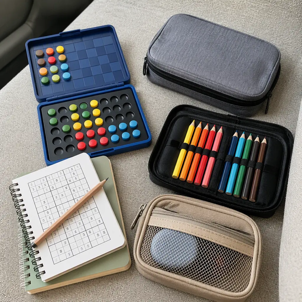 Organized travel puzzle activities with magnetic games and puzzle books