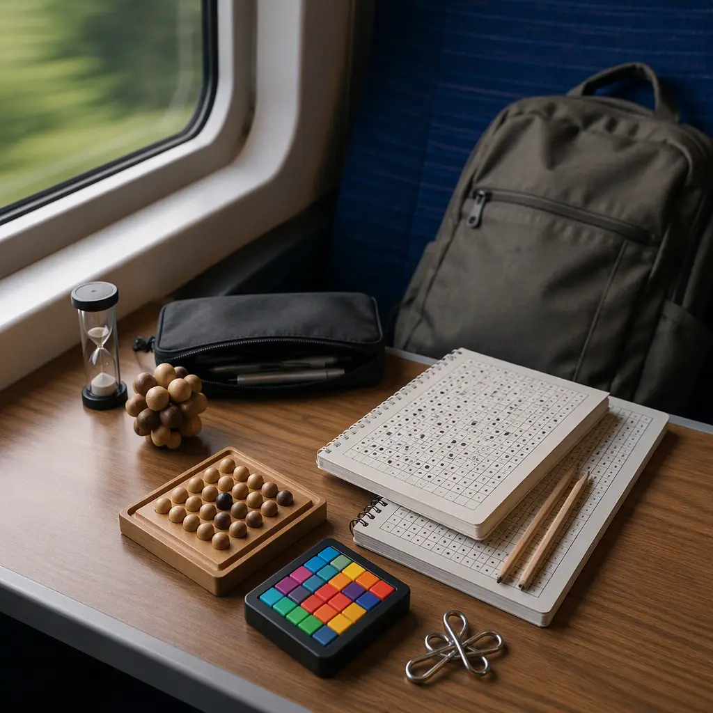 Compact travel logic games and puzzle books arranged on a train table beside a backpack
