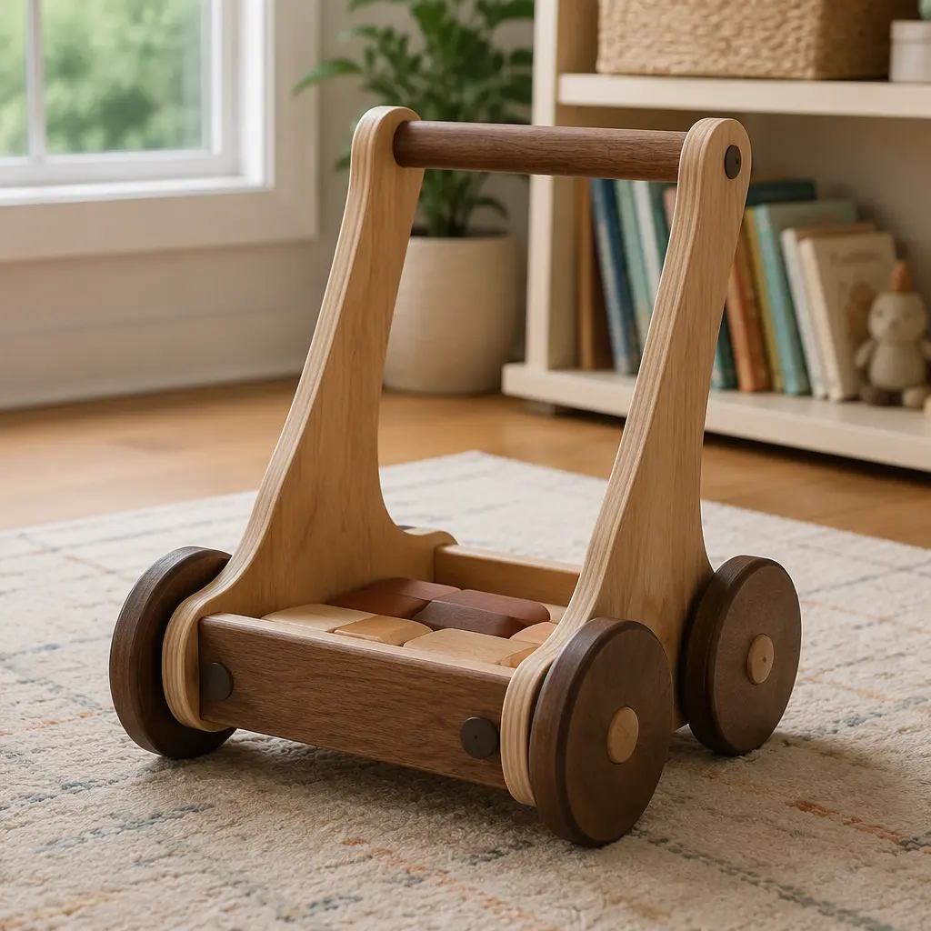 Wooden push walker with stable wide wheels in a family room