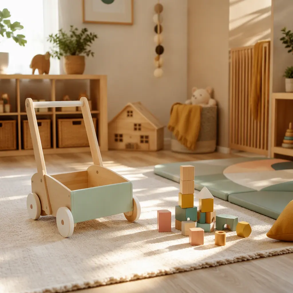 Toddler push cart and blocks in a softly lit nursery