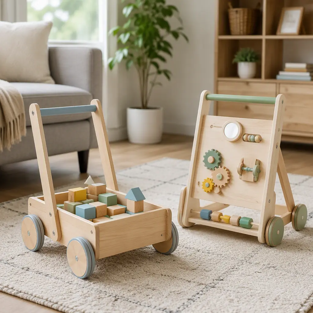 Push-along toy and toddler walker in a softly lit living room