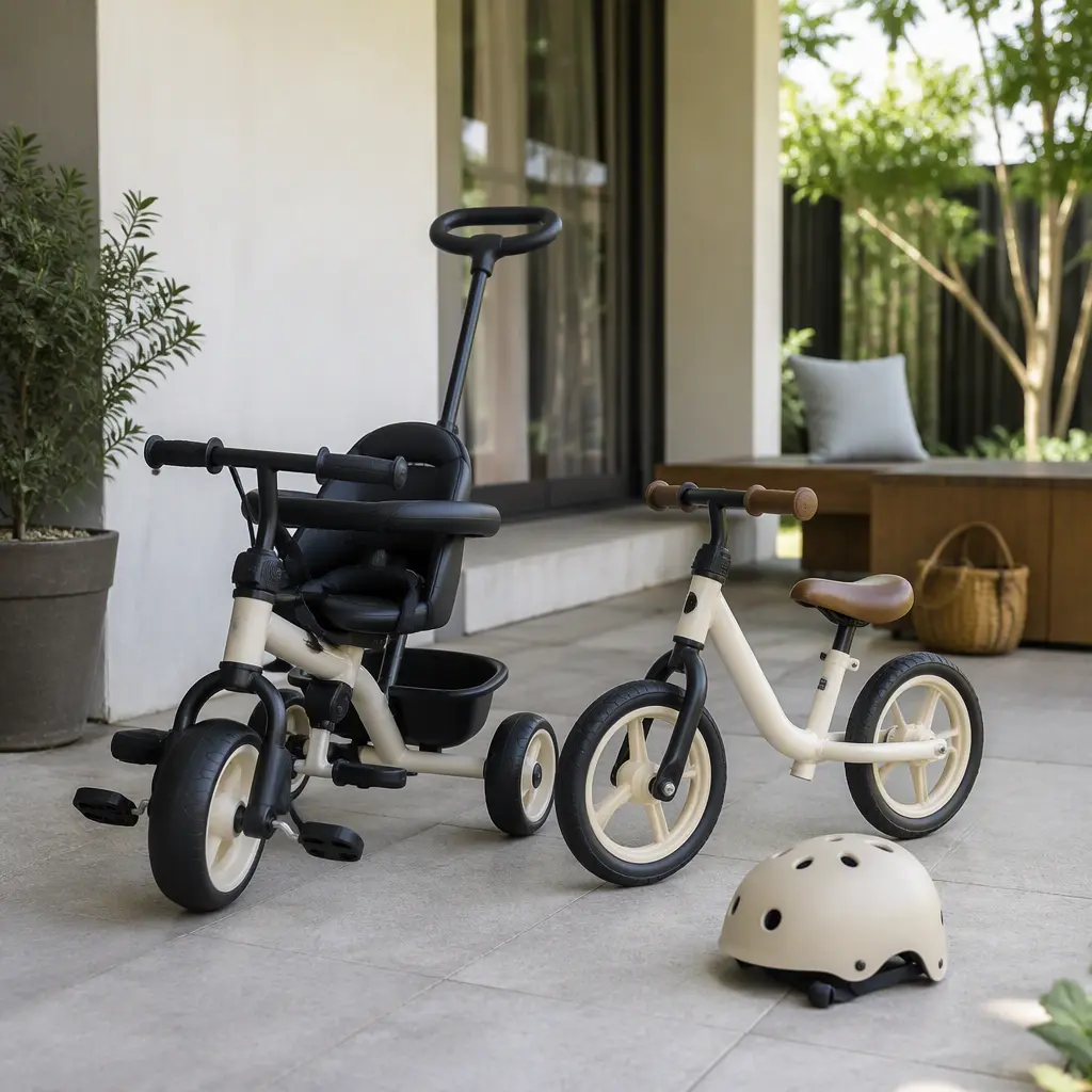 A compact push trike and toddler balance bike arranged on a patio in natural daylight.