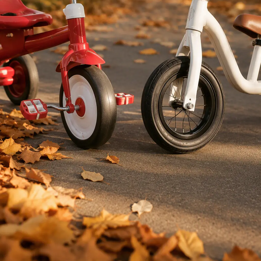 Close-up of toddler trike and balance bike wheels on pavement outdoors.