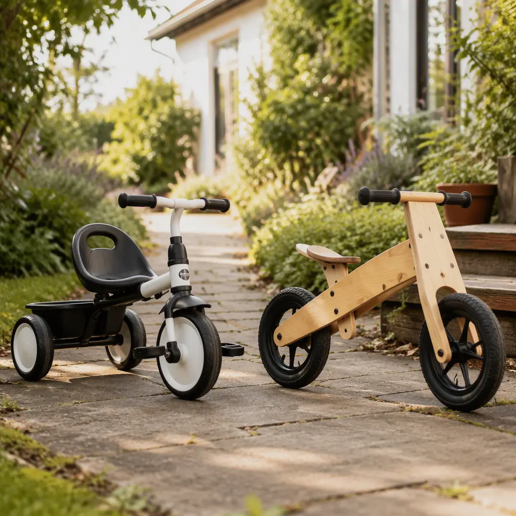 A toddler push trike and a wooden balance bike placed side by side outdoors in soft natural light.