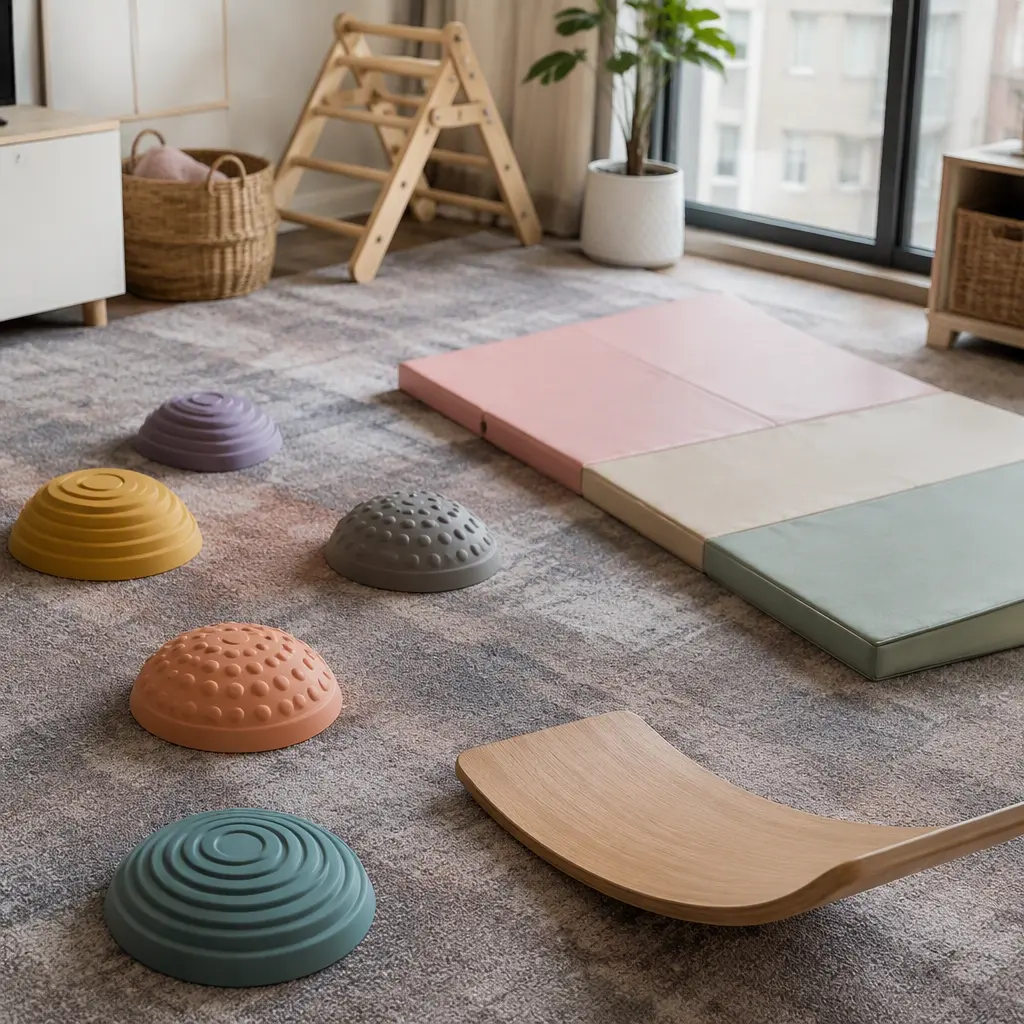 Quiet indoor movement toys in a compact apartment play corner
