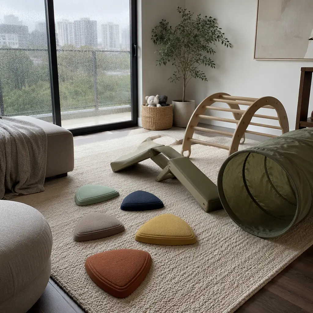 Quiet indoor gross-motor toys arranged in a small apartment play space