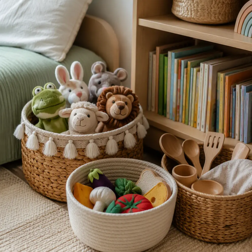 Compact pretend play toys stored neatly in baskets in a small bedroom