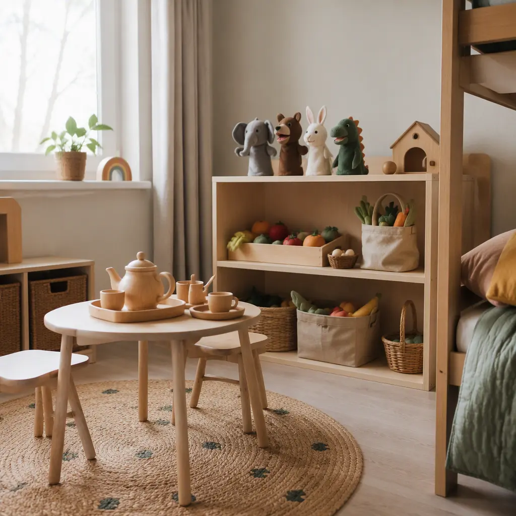 Quiet pretend play corner with wooden and fabric toys in a shared bedroom