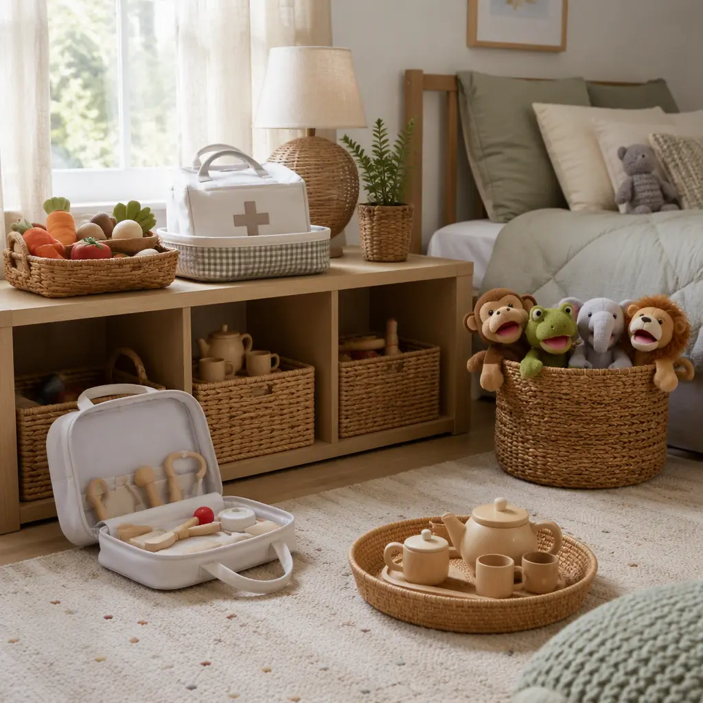 Quiet pretend play toys arranged in a shared children's bedroom with soft natural light