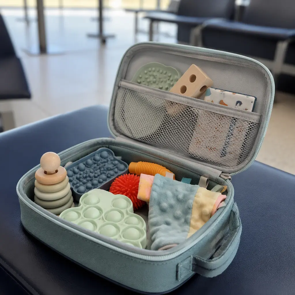 Travel-friendly quiet sensory toys packed neatly in a small pouch