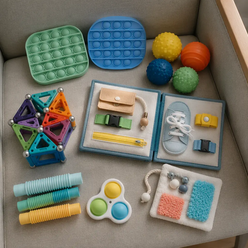 A collection of quiet sensory toys suitable for preschool waiting rooms