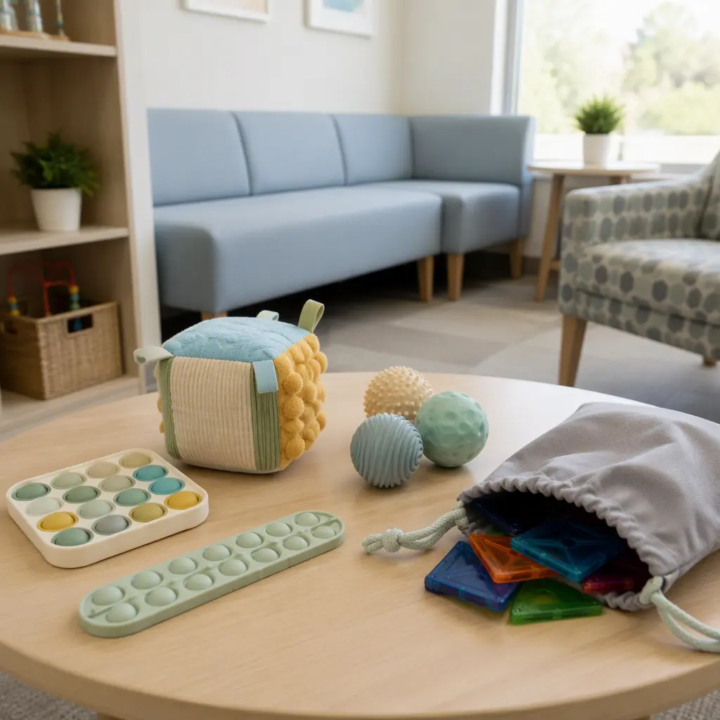 Quiet sensory toys arranged on a table in a calm waiting room setting