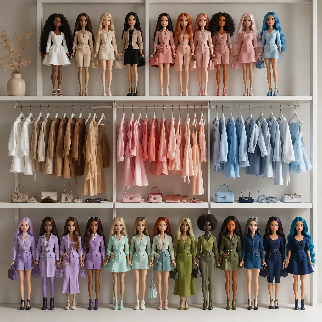 Color-themed fashion dolls displayed in coordinated groups with detailed outfits and accessories