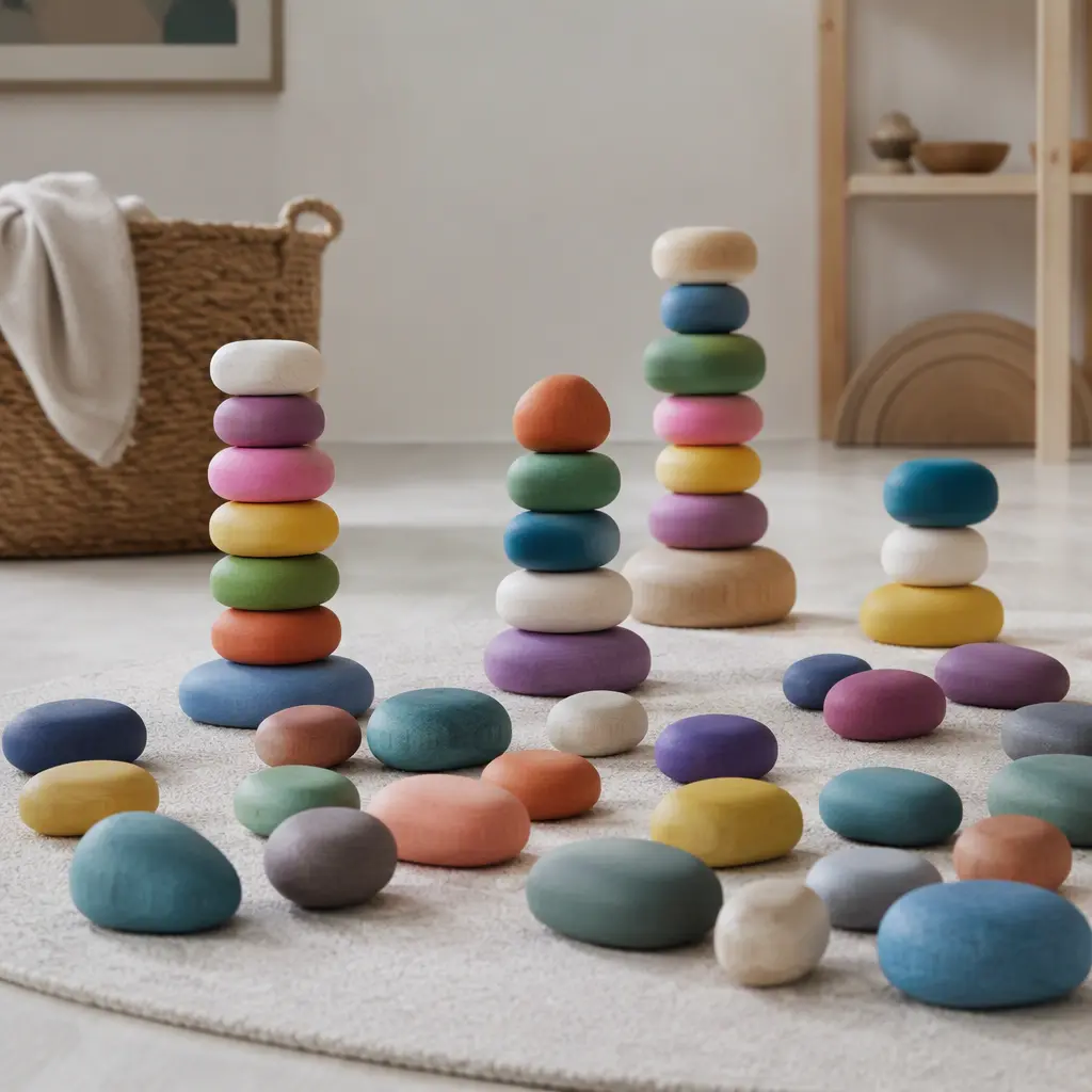Pebble-shaped stacking blocks arranged into balanced towers in a playroom