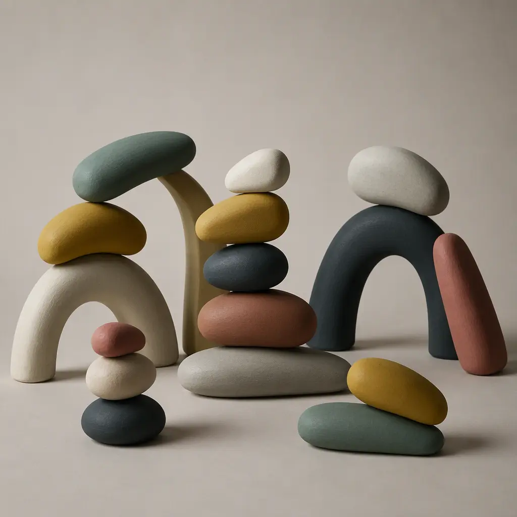 Abstract balancing sculptures made from colorful pebble-shaped stacking toys