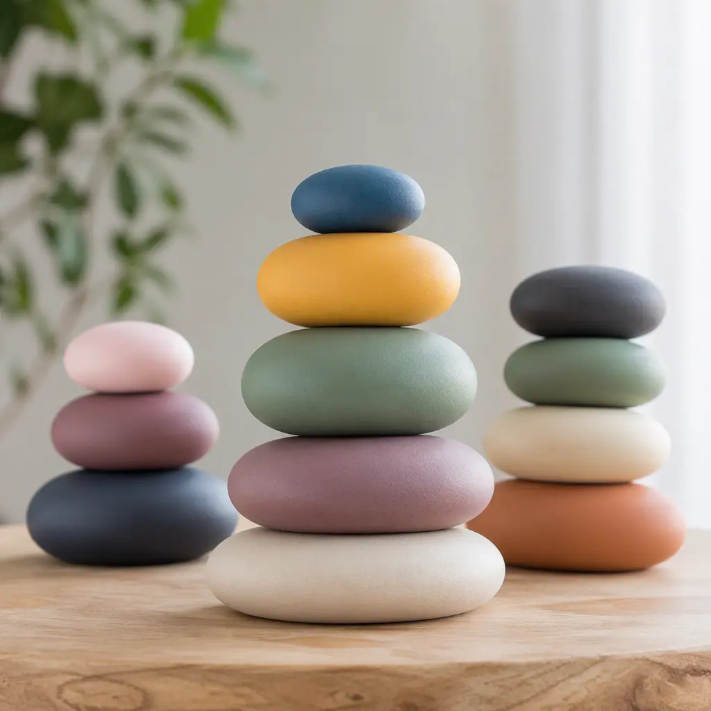 Colorful pebble-shaped stacking toys balanced in towers on a wooden table