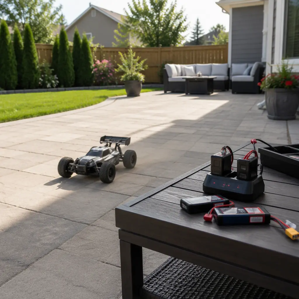 RC car outdoors near charging dock and spare batteries