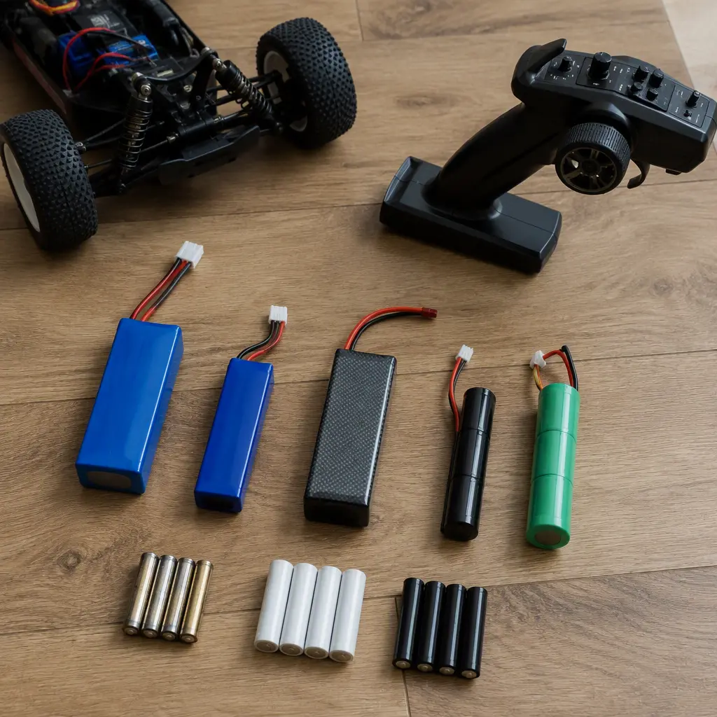 Rechargeable battery packs and AA batteries beside an RC controller