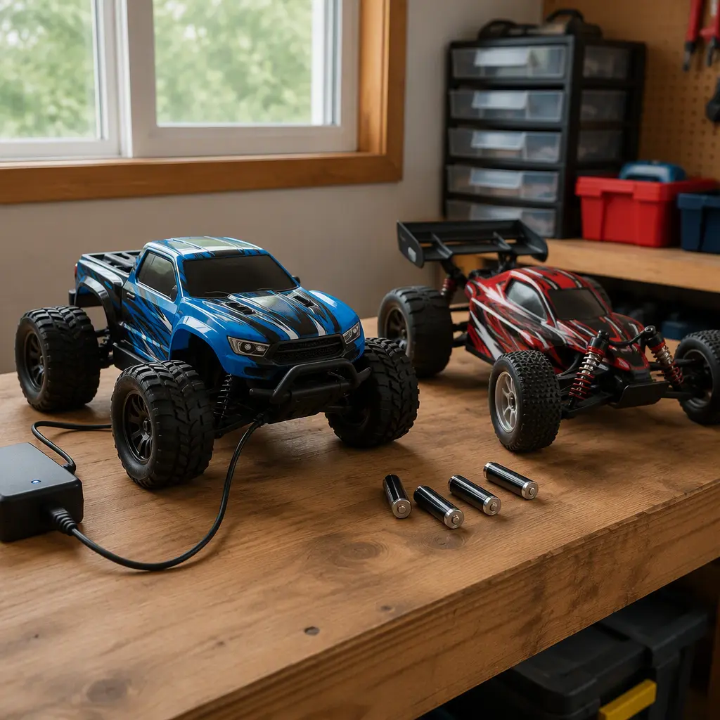 Two RC cars on a workbench with rechargeable pack and disposable batteries nearby