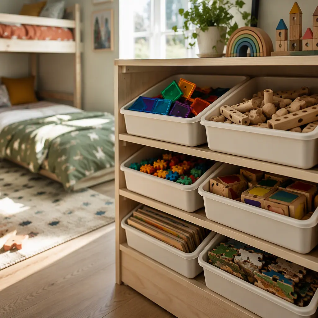 Compact screen-free toys stored neatly in a shared bedroom