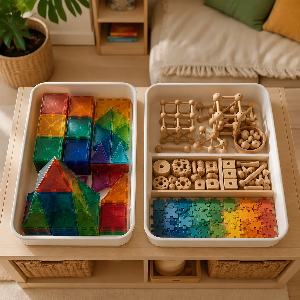 Quiet construction toys arranged neatly for sibling play