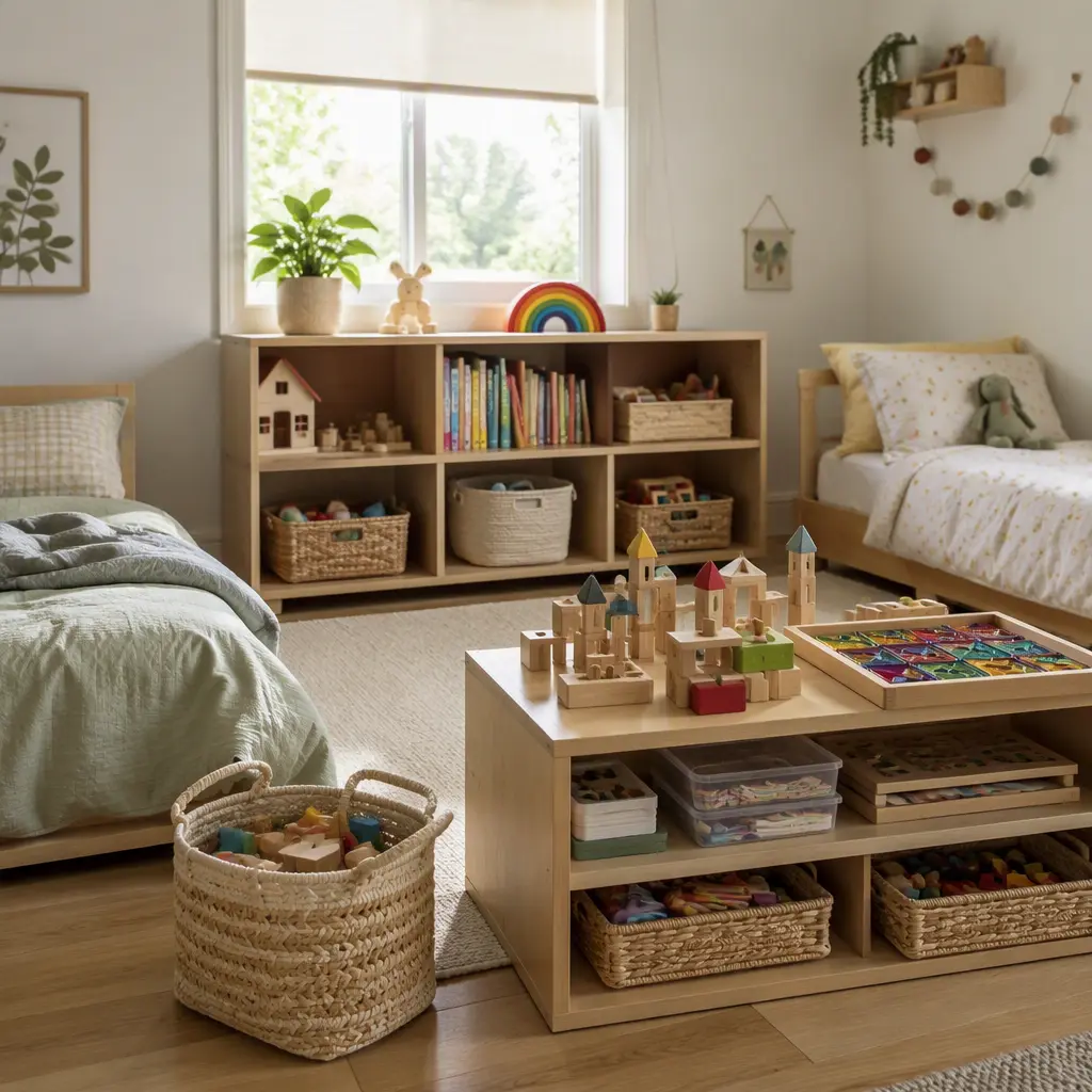 Shared children's bedroom with neatly stored screen-free toys for quiet play