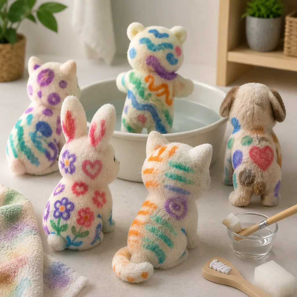 Colorful washable toy pets beside a rinsing basin and grooming accessories