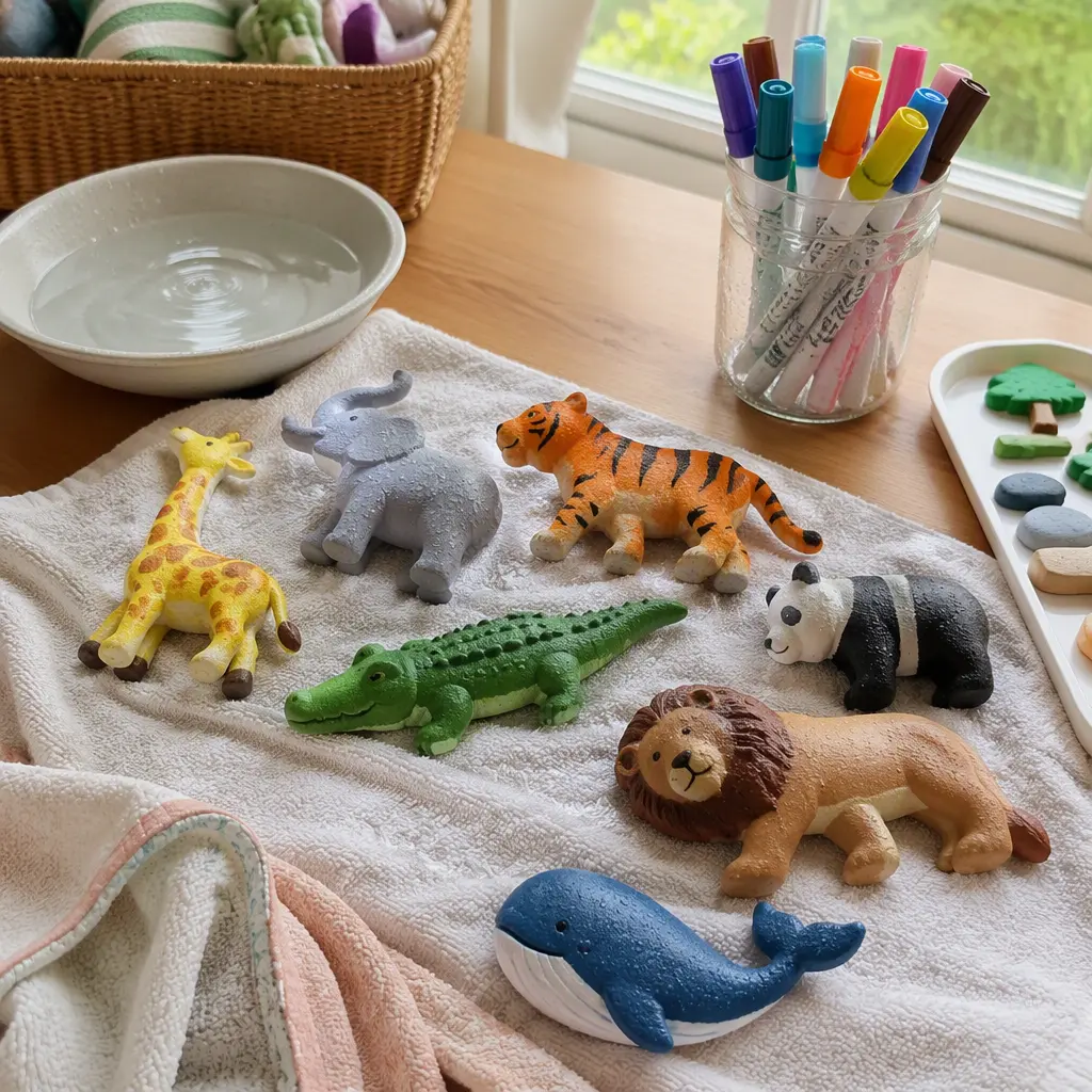 Washable animal craft toys drying after being cleaned and recolored